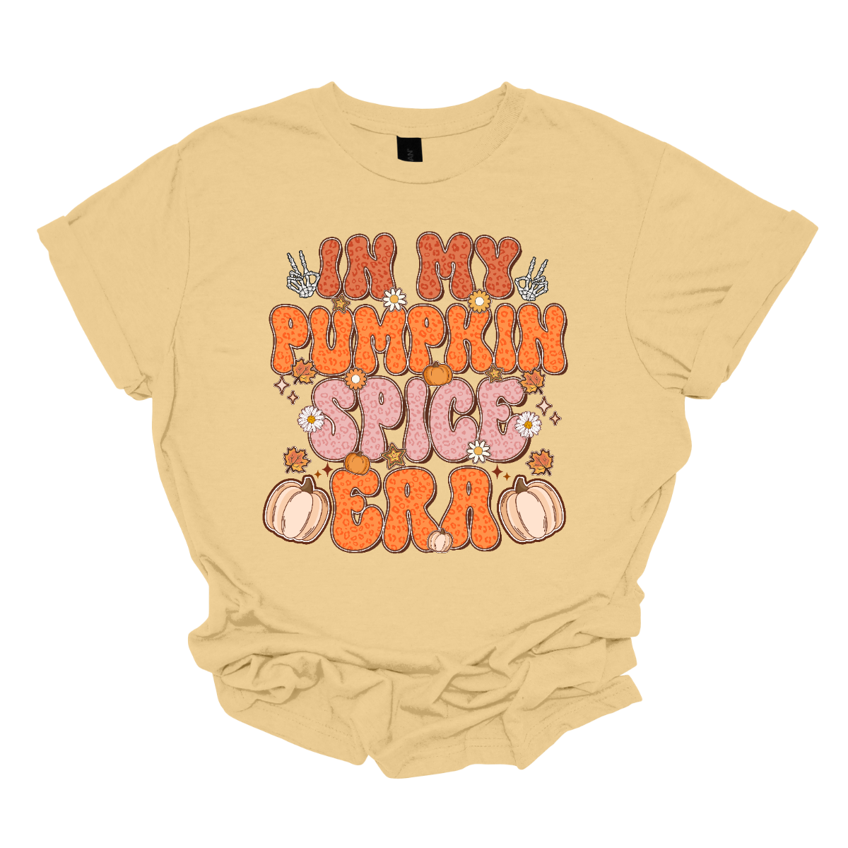 The t-shirt features the phrase "In My Pumpkin Spice Era" in a bold and playful retro font. The text is styled in a vibrant cheetah print pattern, alternating between shades of orange and pink to create a dynamic and eye-catching effect that evokes the warmth and fun of the fall season. Shop Gorgeousware.com