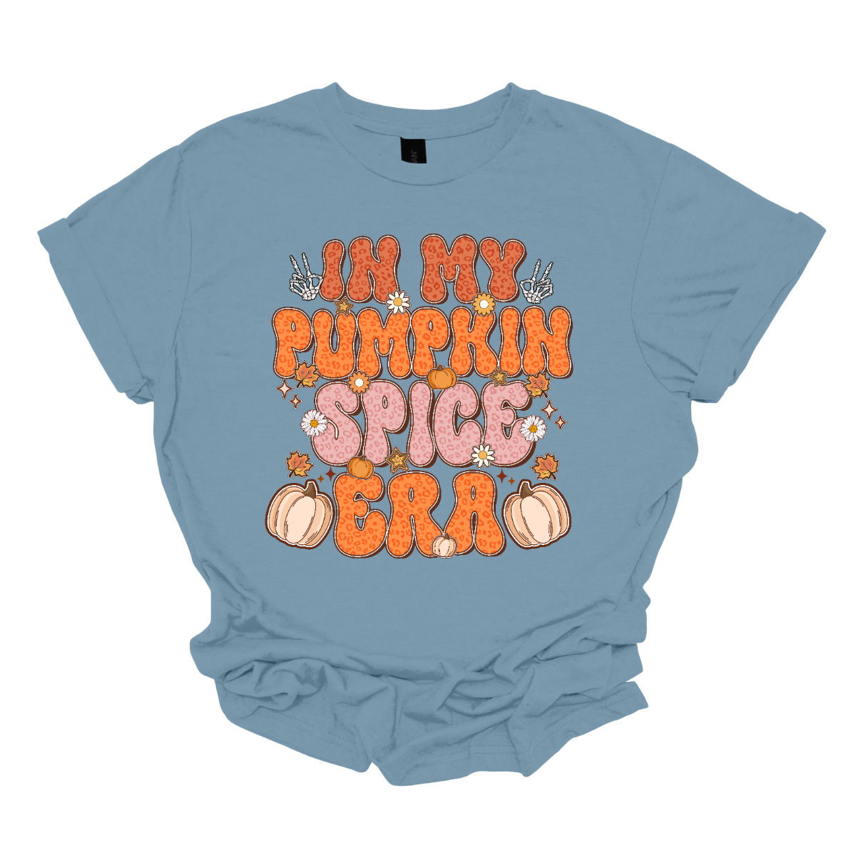 The t-shirt features the phrase "In My Pumpkin Spice Era" in a bold and playful retro font. The text is styled in a vibrant cheetah print pattern, alternating between shades of orange and pink to create a dynamic and eye-catching effect that evokes the warmth and fun of the fall season. Shop Gorgeousware.com