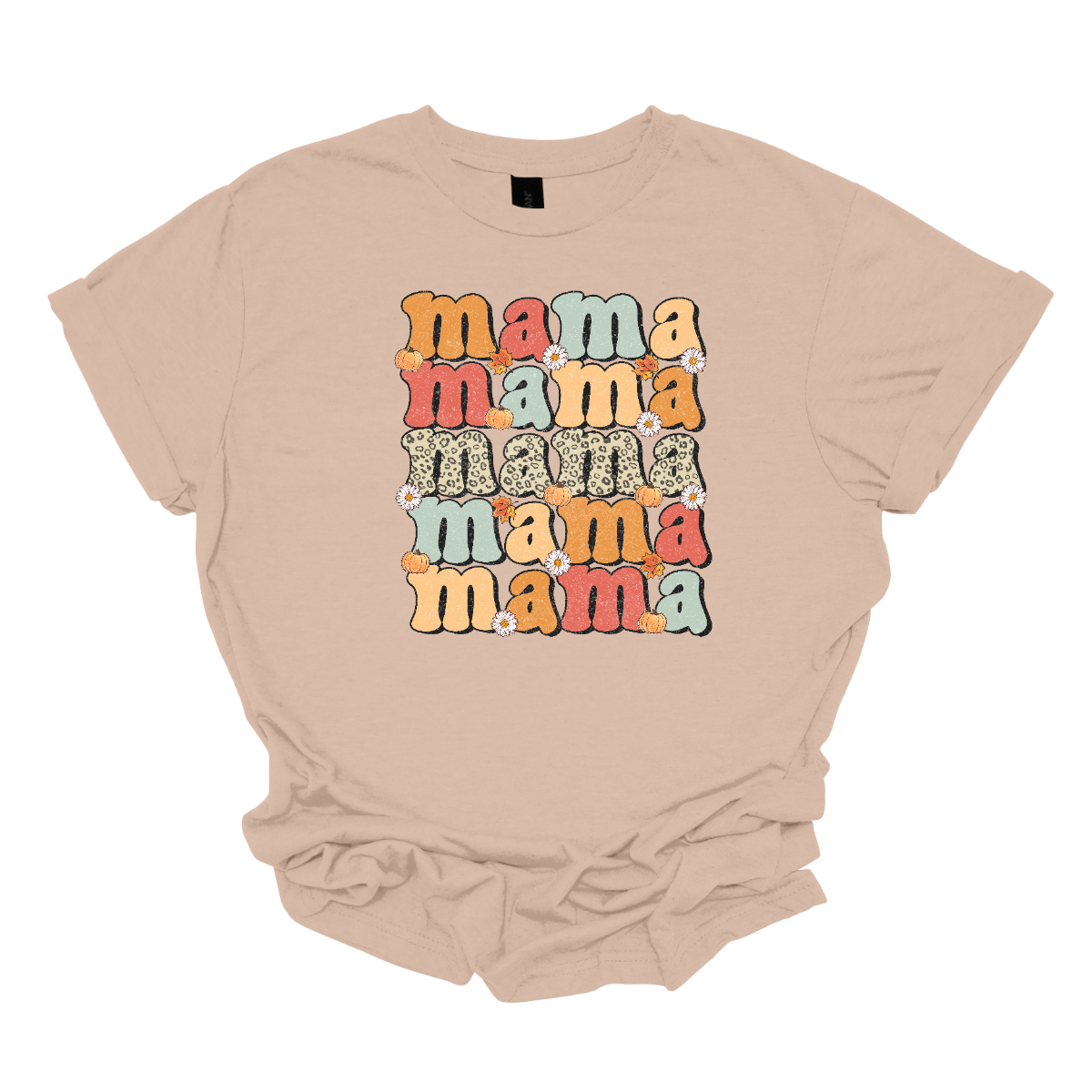 The t-shirt features the word "Mama" stacked vertically five times, each instance showcasing a different design element. The central "Mama" stands out prominently in a cheetah print pattern, adding a bold and trendy touch to the design. Shop Gorgeousware.com