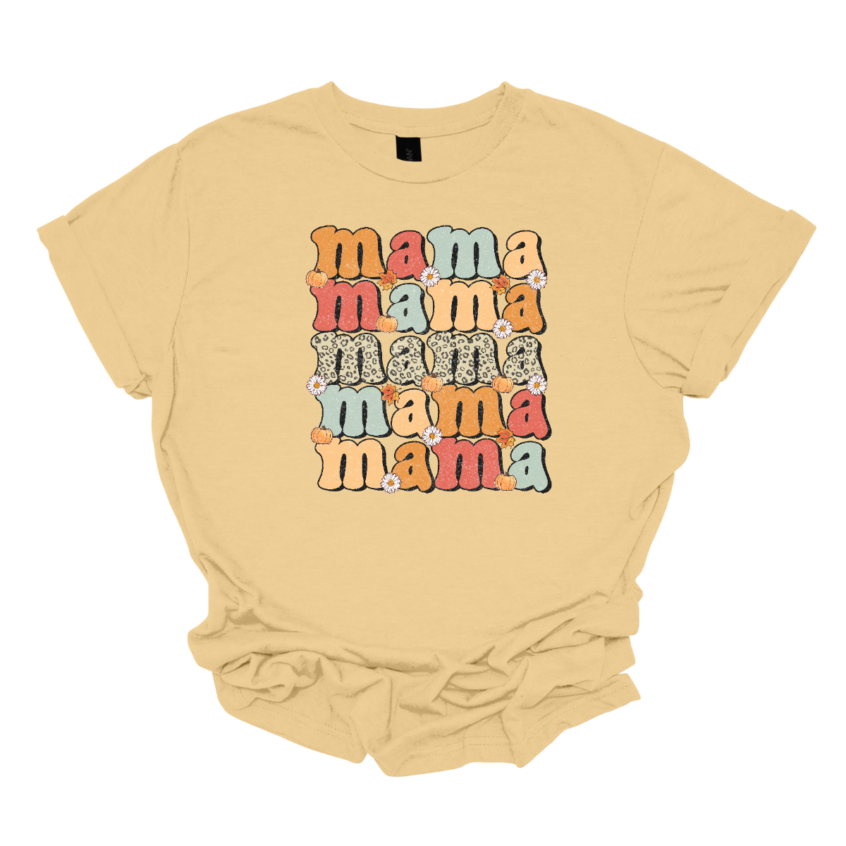 The t-shirt features the word "Mama" stacked vertically five times, each instance showcasing a different design element. The central "Mama" stands out prominently in a cheetah print pattern, adding a bold and trendy touch to the design. Shop Gorgeousware.com