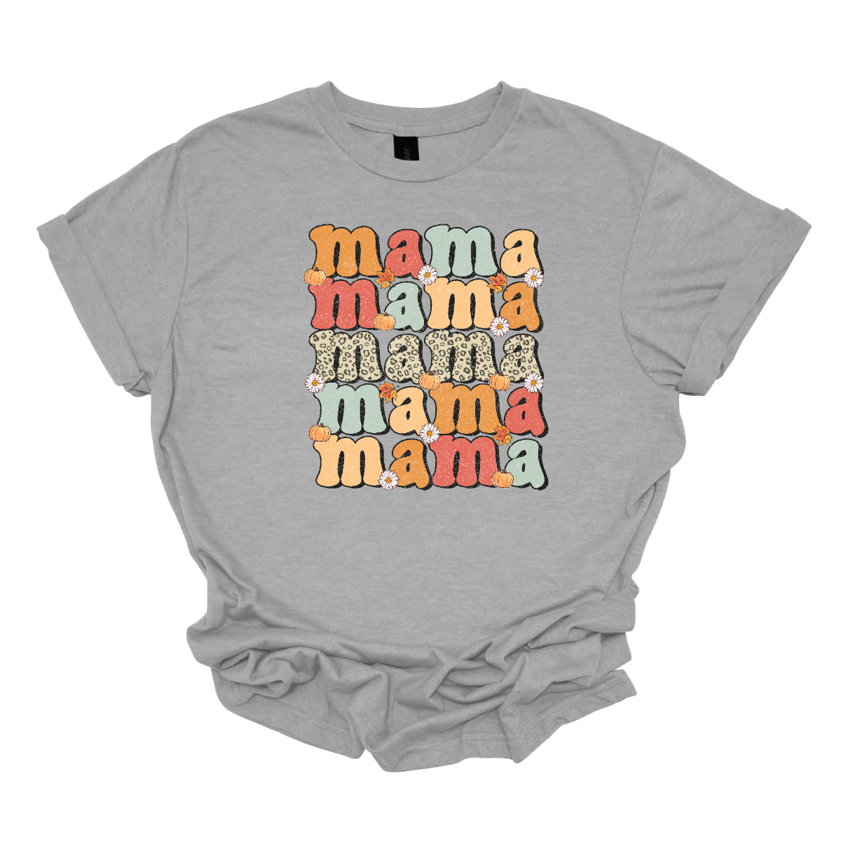 The t-shirt features the word "Mama" stacked vertically five times, each instance showcasing a different design element. The central "Mama" stands out prominently in a cheetah print pattern, adding a bold and trendy touch to the design. Shop Gorgeousware.com