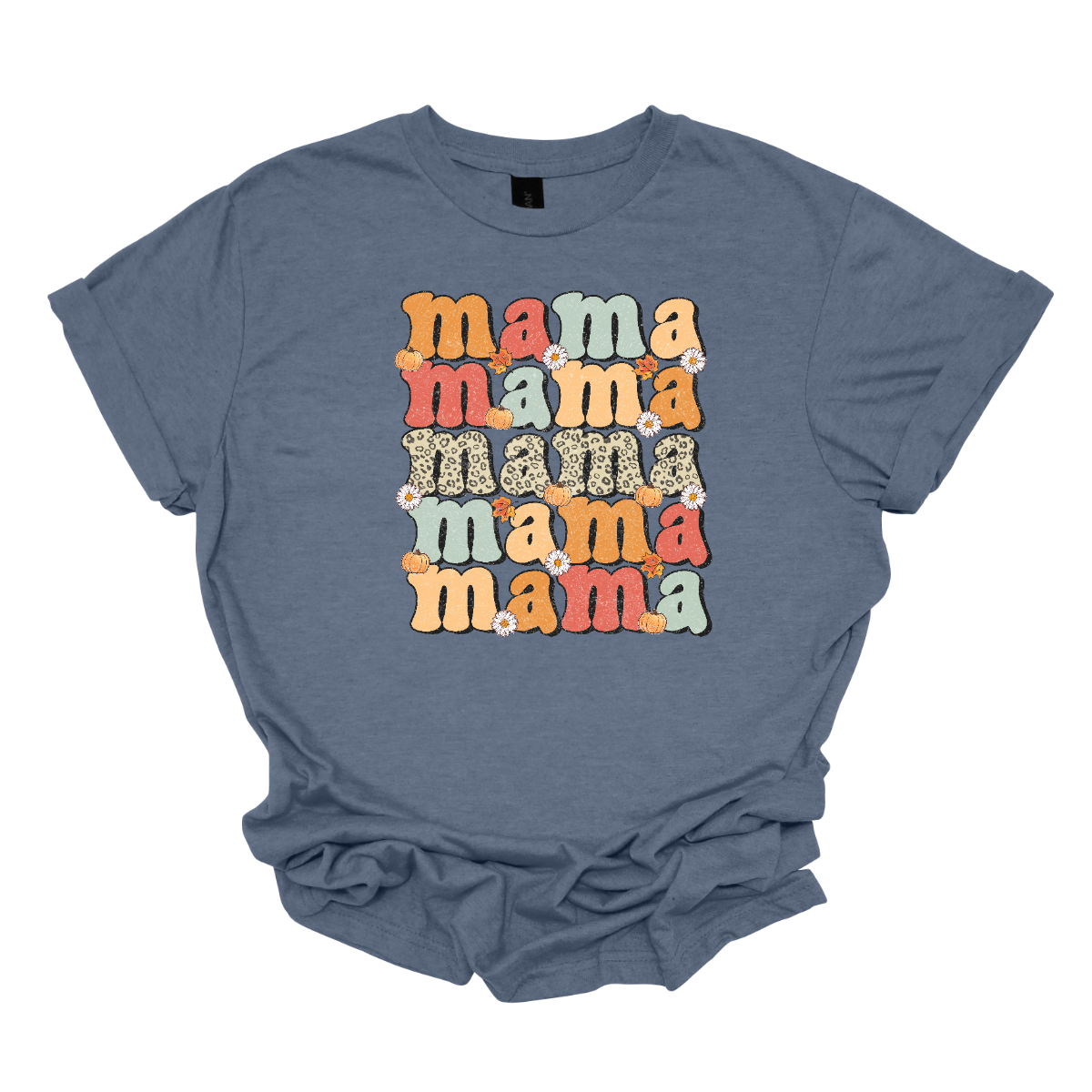 The t-shirt features the word "Mama" stacked vertically five times, each instance showcasing a different design element. The central "Mama" stands out prominently in a cheetah print pattern, adding a bold and trendy touch to the design. Shop Gorgeousware.com