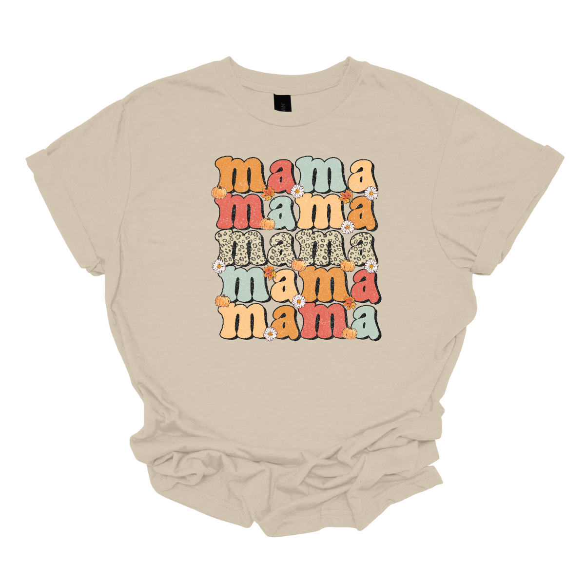 The t-shirt features the word "Mama" stacked vertically five times, each instance showcasing a different design element. The central "Mama" stands out prominently in a cheetah print pattern, adding a bold and trendy touch to the design. Shop Gorgeousware.com