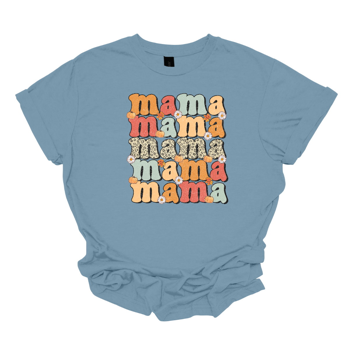 The t-shirt features the word "Mama" stacked vertically five times, each instance showcasing a different design element. The central "Mama" stands out prominently in a cheetah print pattern, adding a bold and trendy touch to the design. Shop Gorgeousware.com