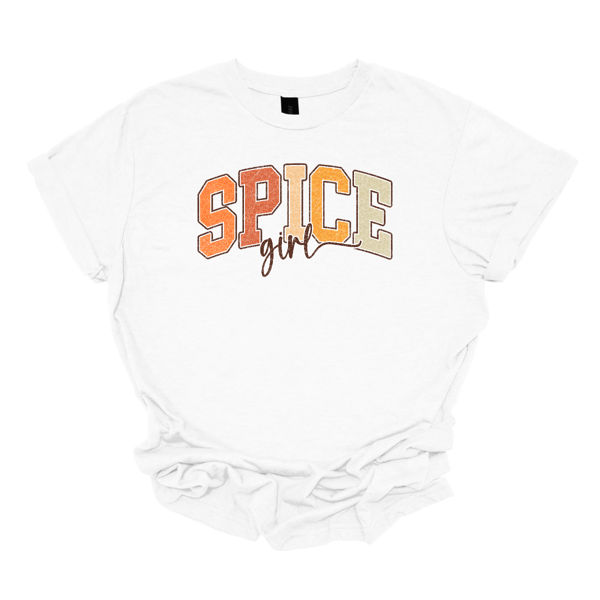 The t-shirt features the phrase "Spice Girl" in a visually striking layout. The word "Spice" is prominently displayed in big, bold retro-style letters. The letters are adorned in varying shades of orange, that captures the warmth and vibrancy of autumn. Beneath "Spice," the word "Girl" is elegantly styled in a smaller, flowing cursive font. Shop Gorgeousware.com