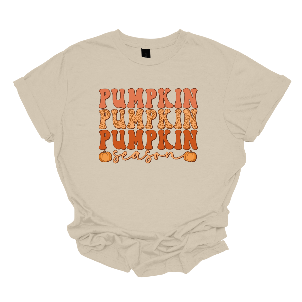 The t-shirt design features the phrase "Pumpkin Pumpkin Pumpkin Season" in a playful and eye-catching layout. At the top, the word "Pumpkin" is repeated three times, each instance stacked vertically. Each "Pumpkin" is rendered in a bold, attention-grabbing font, with each pumpkin in a progressively darker shade of orange. This gradient effect gives depth and dimension to the design, highlighting the seasonal theme. Shop Gorgeaousware.com