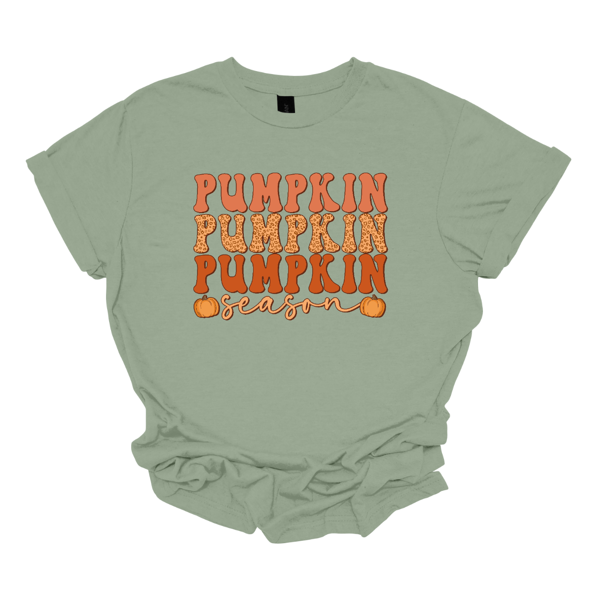 The t-shirt design features the phrase "Pumpkin Pumpkin Pumpkin Season" in a playful and eye-catching layout. At the top, the word "Pumpkin" is repeated three times, each instance stacked vertically. Each "Pumpkin" is rendered in a bold, attention-grabbing font, with each pumpkin in a progressively darker shade of orange. This gradient effect gives depth and dimension to the design, highlighting the seasonal theme. Shop Gorgeaousware.com