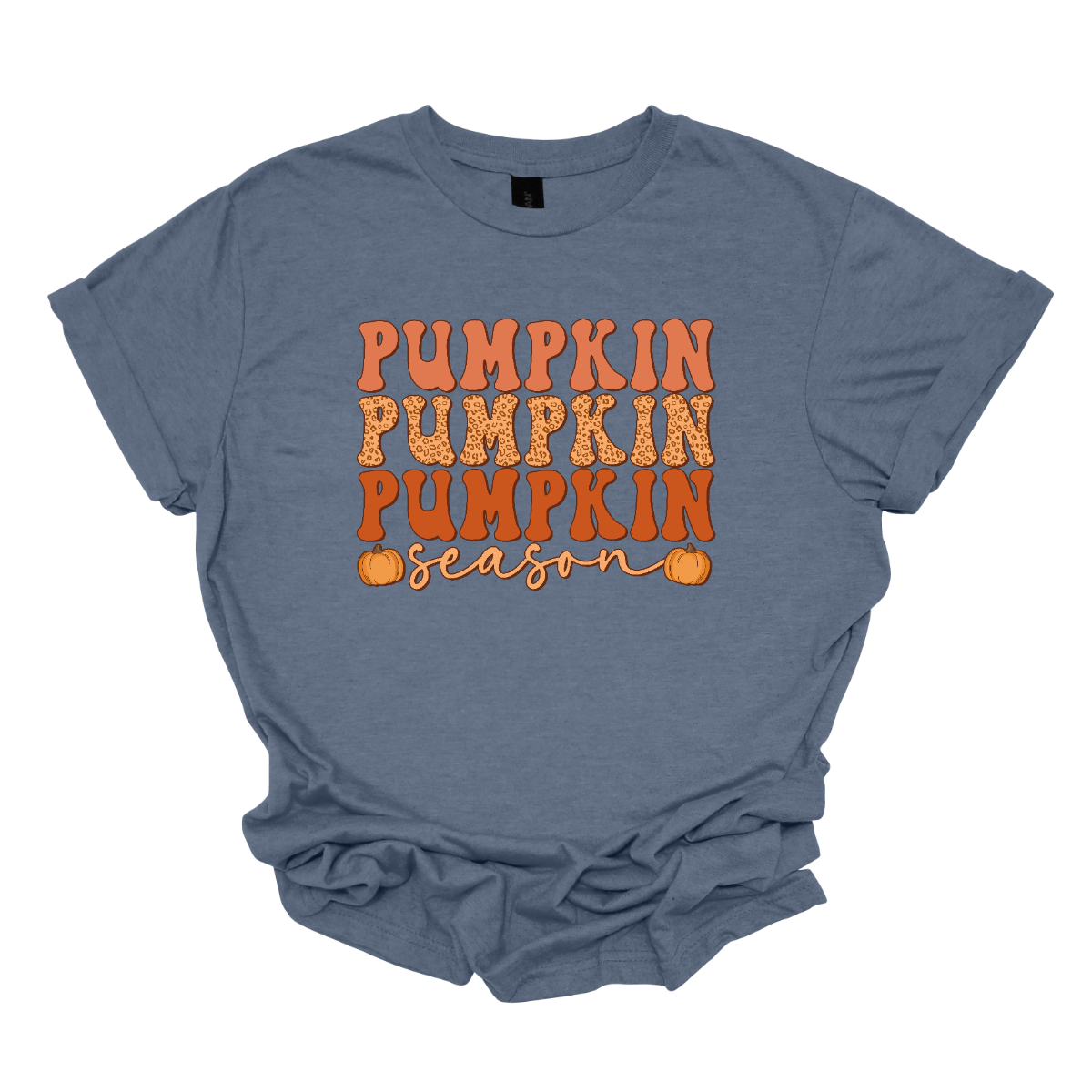 The t-shirt design features the phrase "Pumpkin Pumpkin Pumpkin Season" in a playful and eye-catching layout. At the top, the word "Pumpkin" is repeated three times, each instance stacked vertically. Each "Pumpkin" is rendered in a bold, attention-grabbing font, with each pumpkin in a progressively darker shade of orange. This gradient effect gives depth and dimension to the design, highlighting the seasonal theme. Shop Gorgeaousware.com