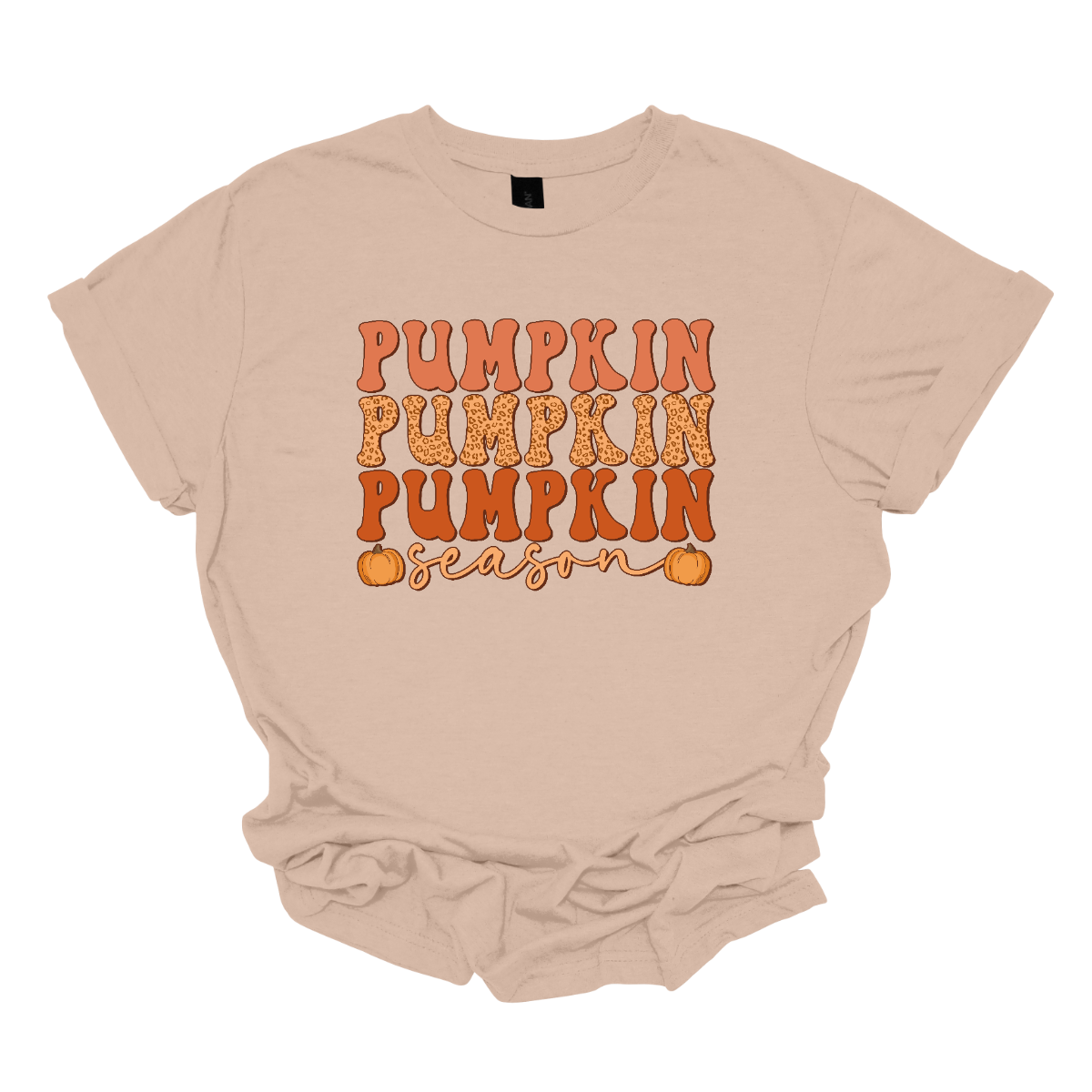 The t-shirt design features the phrase "Pumpkin Pumpkin Pumpkin Season" in a playful and eye-catching layout. At the top, the word "Pumpkin" is repeated three times, each instance stacked vertically. Each "Pumpkin" is rendered in a bold, attention-grabbing font, with each pumpkin in a progressively darker shade of orange. This gradient effect gives depth and dimension to the design, highlighting the seasonal theme. Shop Gorgeaousware.com