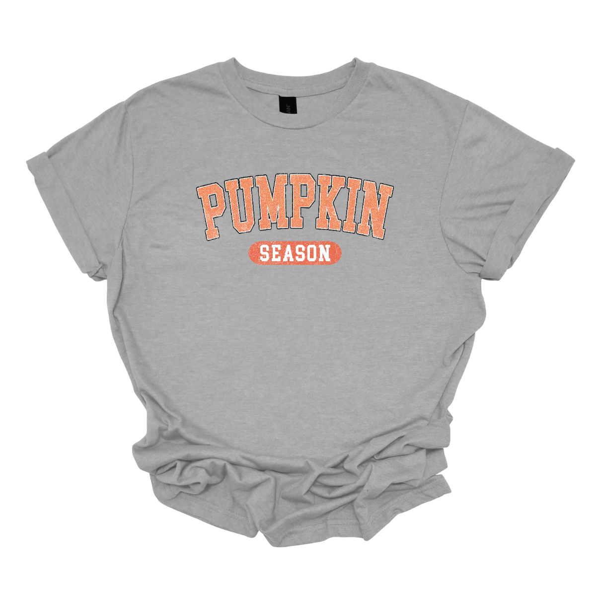 The t-shirt features a clean and eye-catching design with the phrase "Pumpkin Season" prominently displayed. The word "Pumpkin" is rendered in bold, vibrant orange letters, making it the focal point of the design. This bright orange stands out against the shirt's background, capturing the essence of autumn. The word "Season" is styled in crisp white letters, providing a sharp contrast to the bold orange of "Pumpkin." Shop Gorgeousware.com