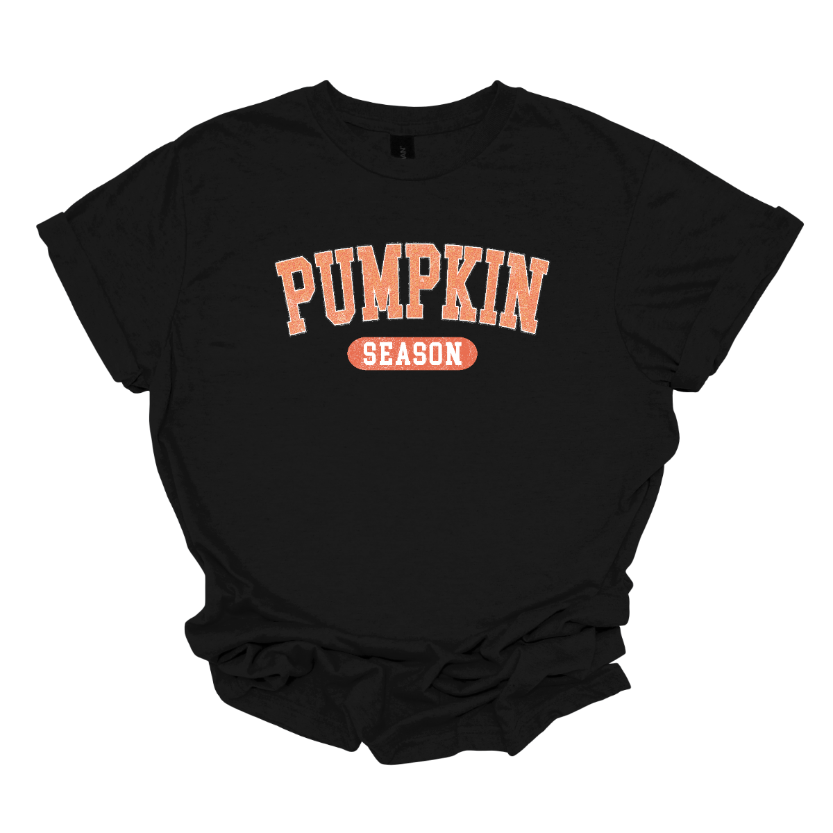 The t-shirt features a clean and eye-catching design with the phrase "Pumpkin Season" prominently displayed. The word "Pumpkin" is rendered in bold, vibrant orange letters, making it the focal point of the design. This bright orange stands out against the shirt's background, capturing the essence of autumn. The word "Season" is styled in crisp white letters, providing a sharp contrast to the bold orange of "Pumpkin." Shop Gorgeousware.com