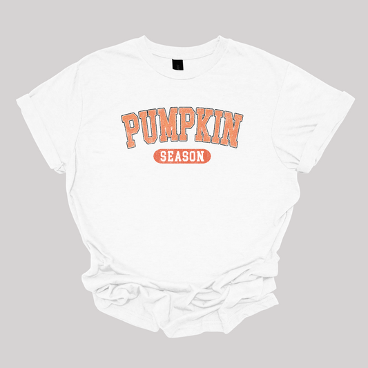 The t-shirt features a clean and eye-catching design with the phrase "Pumpkin Season" prominently displayed. The word "Pumpkin" is rendered in bold, vibrant orange letters, making it the focal point of the design. This bright orange stands out against the shirt's background, capturing the essence of autumn. The word "Season" is styled in crisp white letters, providing a sharp contrast to the bold orange of "Pumpkin." Shop Gorgeousware.com