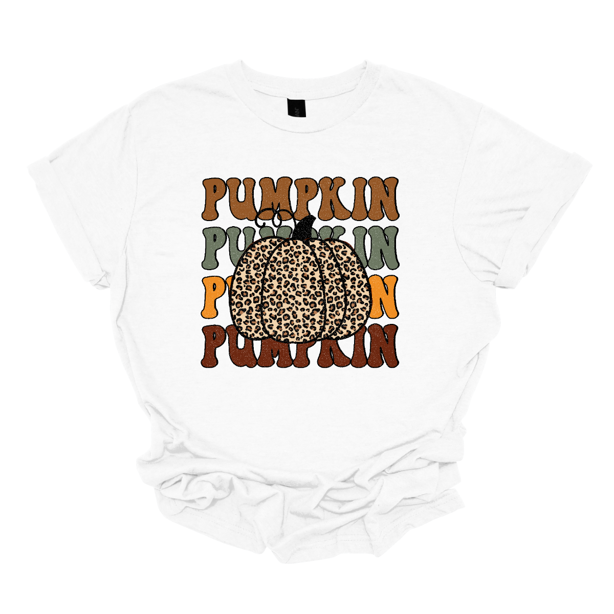 The t-shirt features the word "Pumpkin" repeated four times vertically down the center. Each instance of "Pumpkin" is rendered in a distinct fall color. The colors include rich oranges, deep reds, golden yellows, and warm browns, evoking the vibrant hues of autumn. At the top of these stacked words, there is a large, eye-catching pumpkin illustrated in bold cheetah print. The cheetah print design on the pumpkin adds a playful and trendy twist. Shop Gorgeousware.com