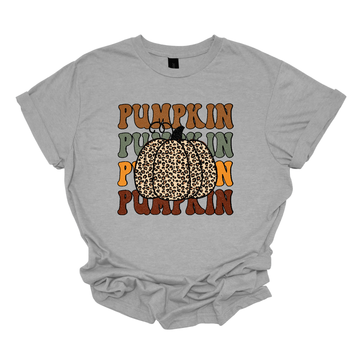 The t-shirt features the word "Pumpkin" repeated four times vertically down the center. Each instance of "Pumpkin" is rendered in a distinct fall color. The colors include rich oranges, deep reds, golden yellows, and warm browns, evoking the vibrant hues of autumn. At the top of these stacked words, there is a large, eye-catching pumpkin illustrated in bold cheetah print. The cheetah print design on the pumpkin adds a playful and trendy twist. Shop Gorgeousware.com