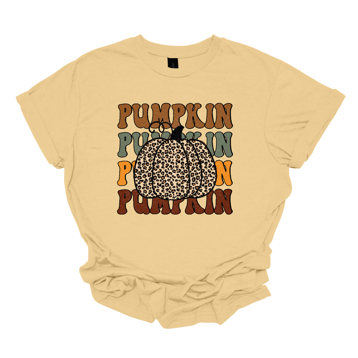 The t-shirt features the word "Pumpkin" repeated four times vertically down the center. Each instance of "Pumpkin" is rendered in a distinct fall color. The colors include rich oranges, deep reds, golden yellows, and warm browns, evoking the vibrant hues of autumn. At the top of these stacked words, there is a large, eye-catching pumpkin illustrated in bold cheetah print. The cheetah print design on the pumpkin adds a playful and trendy twist. Shop Gorgeousware.com