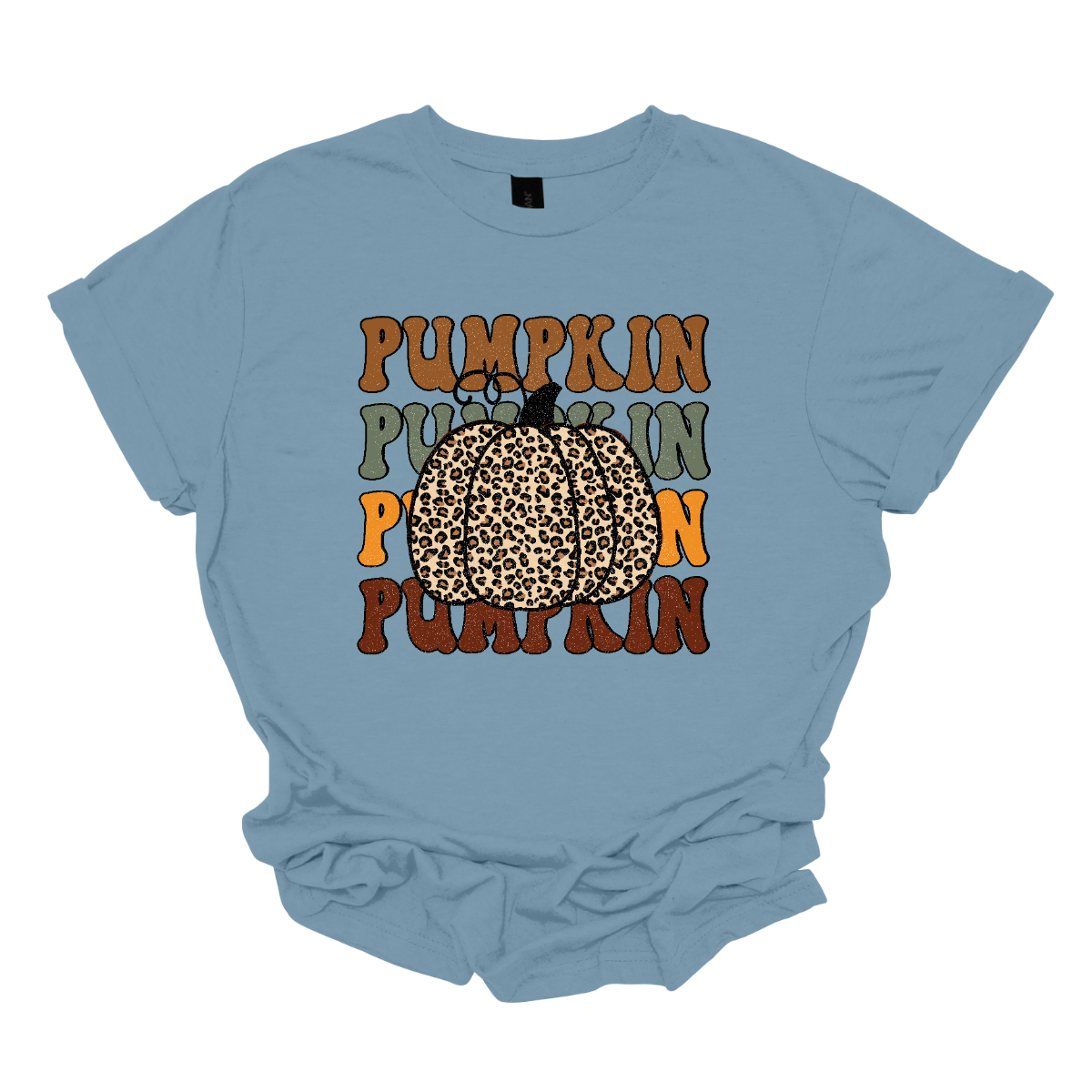 The t-shirt features the word "Pumpkin" repeated four times vertically down the center. Each instance of "Pumpkin" is rendered in a distinct fall color. The colors include rich oranges, deep reds, golden yellows, and warm browns, evoking the vibrant hues of autumn. At the top of these stacked words, there is a large, eye-catching pumpkin illustrated in bold cheetah print. The cheetah print design on the pumpkin adds a playful and trendy twist. Shop Gorgeousware.com