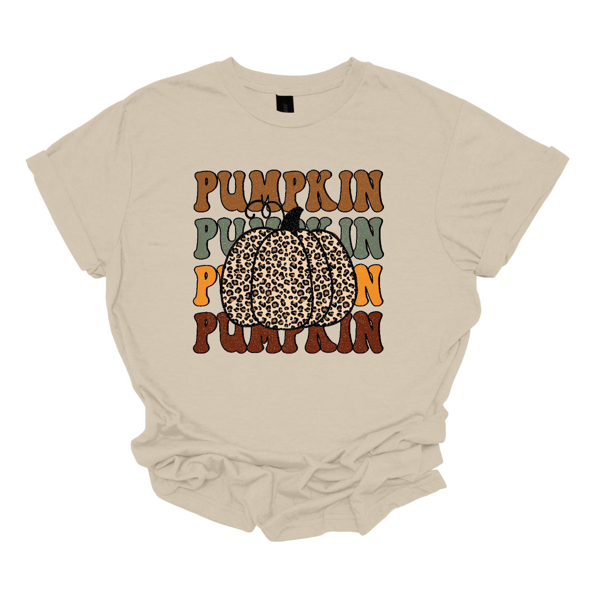 The t-shirt features the word "Pumpkin" repeated four times vertically down the center. Each instance of "Pumpkin" is rendered in a distinct fall color. The colors include rich oranges, deep reds, golden yellows, and warm browns, evoking the vibrant hues of autumn. At the top of these stacked words, there is a large, eye-catching pumpkin illustrated in bold cheetah print. The cheetah print design on the pumpkin adds a playful and trendy twist. Shop Gorgeousware.com