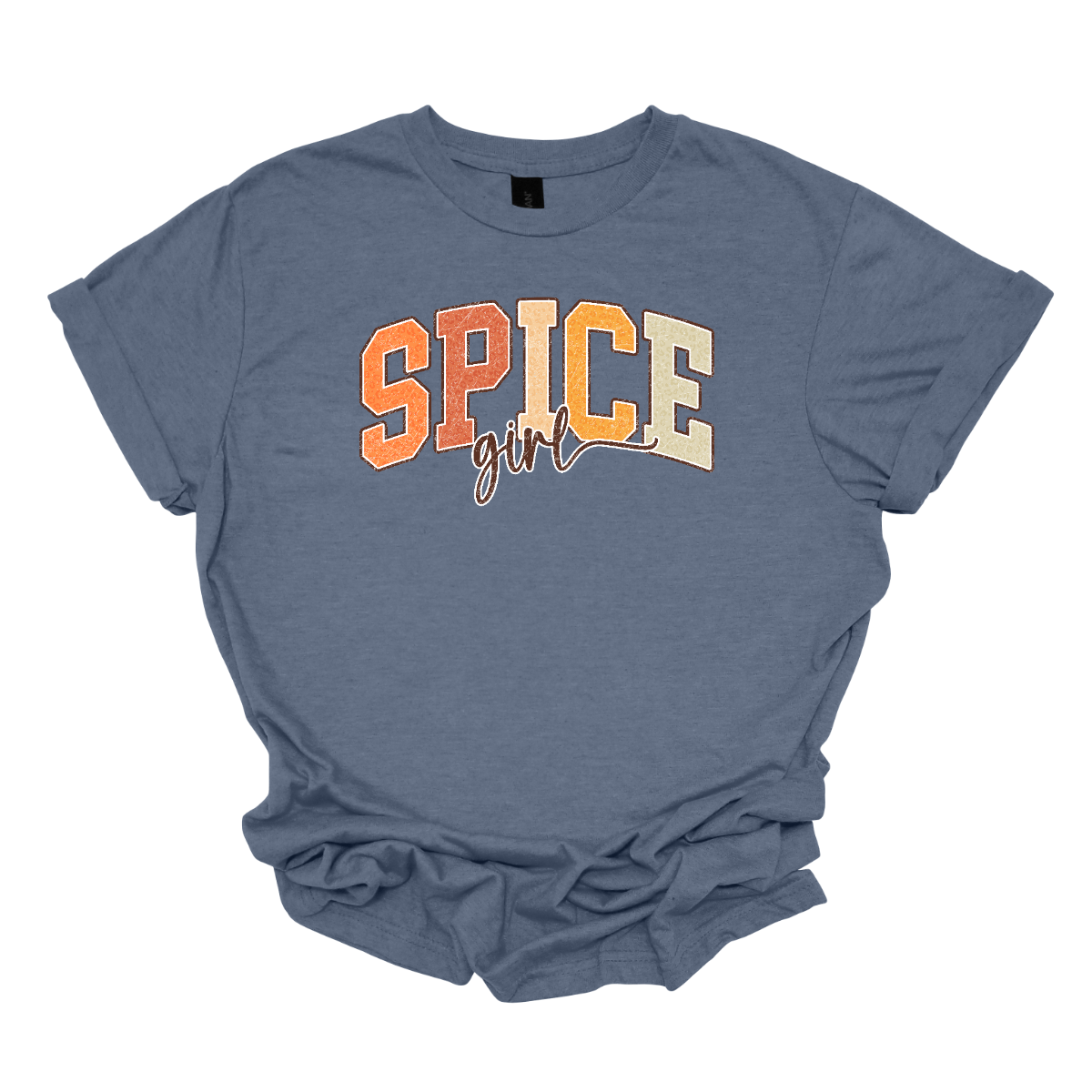 The t-shirt features the phrase "Spice Girl" in a visually striking layout. The word "Spice" is prominently displayed in big, bold retro-style letters. The letters are adorned in varying shades of orange, that captures the warmth and vibrancy of autumn. Beneath "Spice," the word "Girl" is elegantly styled in a smaller, flowing cursive font. Shop Gorgeousware.com