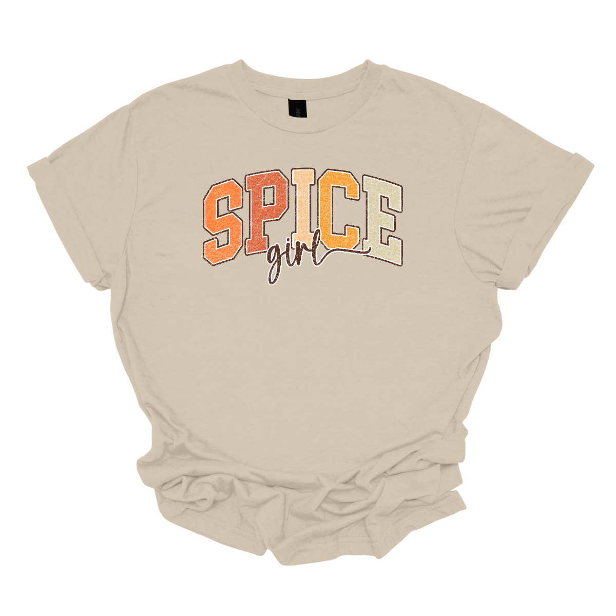 The t-shirt features the phrase "Spice Girl" in a visually striking layout. The word "Spice" is prominently displayed in big, bold retro-style letters. The letters are adorned in varying shades of orange, that captures the warmth and vibrancy of autumn. Beneath "Spice," the word "Girl" is elegantly styled in a smaller, flowing cursive font. Shop Gorgeousware.com