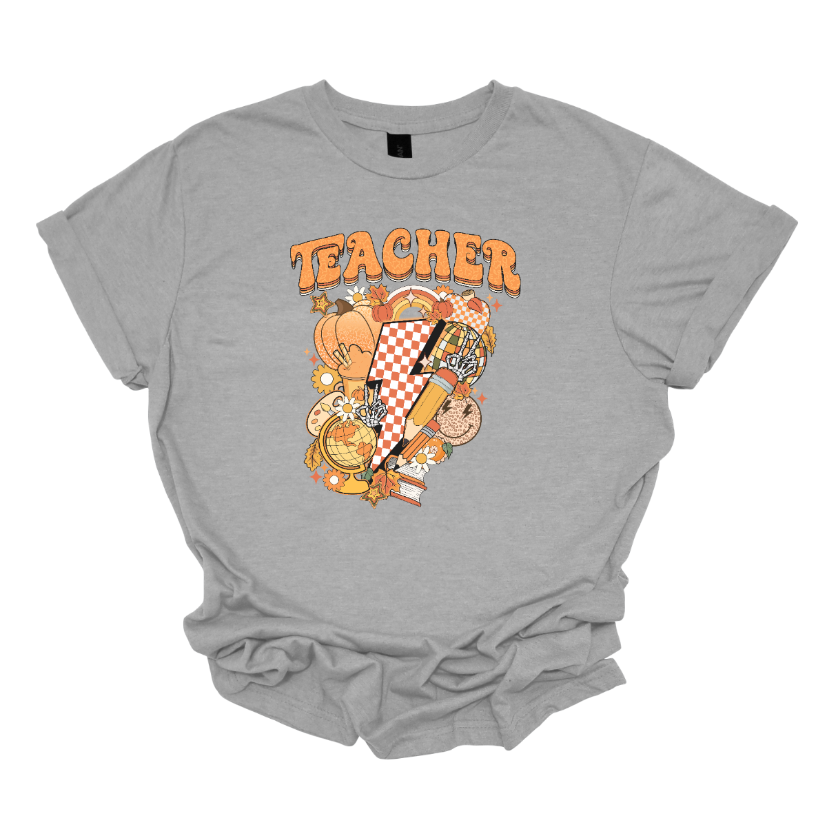 The t-shirt features a vibrant and engaging design centered around the word "Teacher." The word "Teacher" is prominently displayed in a retro-inspired font that’s bold and orange, evoking a nostalgic and energetic feel.

Beneath the word "Teacher," there’s a striking graphic of a large orange and white checkerboard lightning bolt. The lightning bolt adds a dynamic and eye-catching element to the design, with its bold checkerboard pattern creating a strong visual impact. Shop Gorgeousware.com