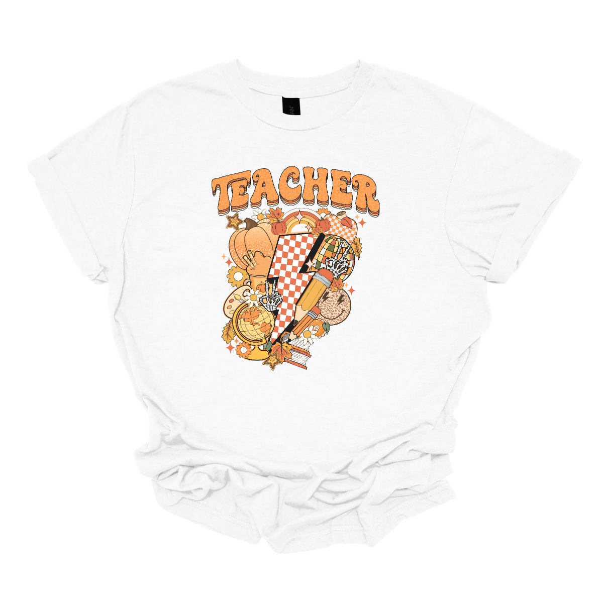 The t-shirt features a vibrant and engaging design centered around the word "Teacher." The word "Teacher" is prominently displayed in a retro-inspired font that’s bold and orange, evoking a nostalgic and energetic feel.

Beneath the word "Teacher," there’s a striking graphic of a large orange and white checkerboard lightning bolt. The lightning bolt adds a dynamic and eye-catching element to the design, with its bold checkerboard pattern creating a strong visual impact. Shop Gorgeousware.com