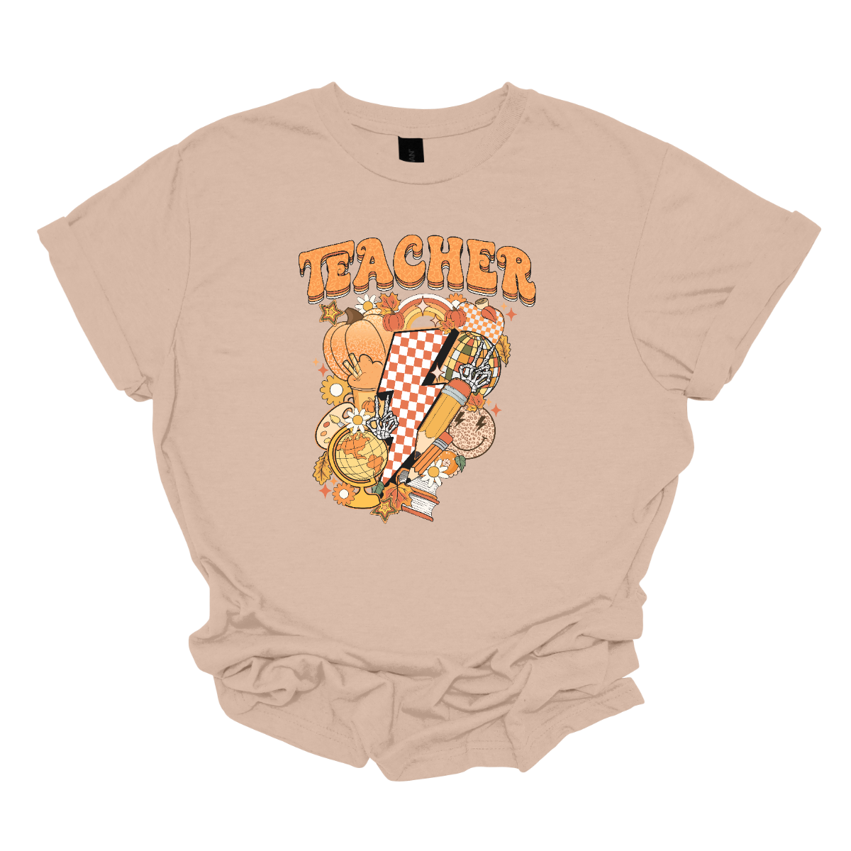 The t-shirt features a vibrant and engaging design centered around the word "Teacher." The word "Teacher" is prominently displayed in a retro-inspired font that’s bold and orange, evoking a nostalgic and energetic feel.

Beneath the word "Teacher," there’s a striking graphic of a large orange and white checkerboard lightning bolt. The lightning bolt adds a dynamic and eye-catching element to the design, with its bold checkerboard pattern creating a strong visual impact. Shop Gorgeousware.com