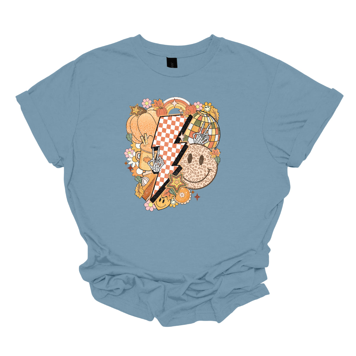 This t-shirt is a vibrant, retro-inspired celebration of eclectic autumn vibes. At its center is a bold, large lightning bolt styled in a striking pink and white checkerboard pattern, immediately capturing attention with its energetic and nostalgic flair.  Shop Gorgeousware.com