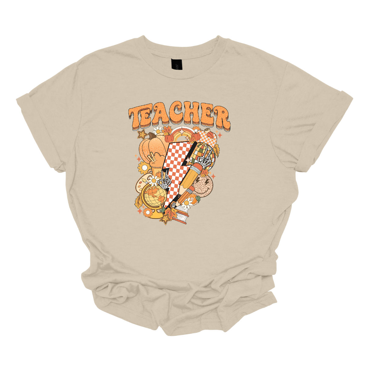 The t-shirt features a vibrant and engaging design centered around the word "Teacher." The word "Teacher" is prominently displayed in a retro-inspired font that’s bold and orange, evoking a nostalgic and energetic feel.

Beneath the word "Teacher," there’s a striking graphic of a large orange and white checkerboard lightning bolt. The lightning bolt adds a dynamic and eye-catching element to the design, with its bold checkerboard pattern creating a strong visual impact. Shop Gorgeousware.com