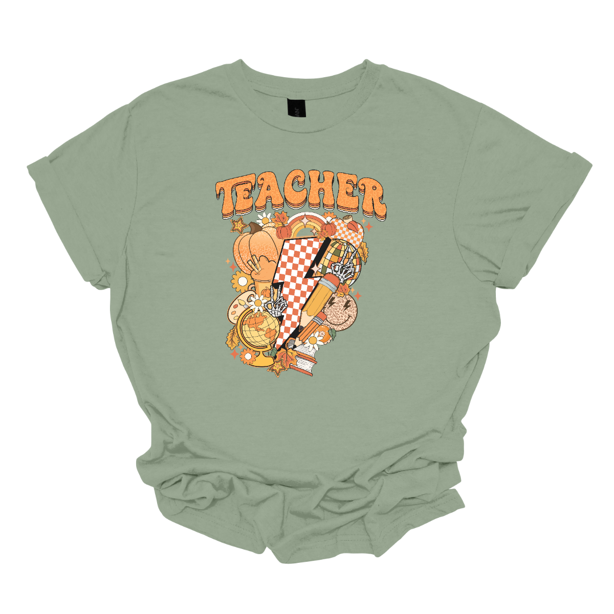 The t-shirt features a vibrant and engaging design centered around the word "Teacher." The word "Teacher" is prominently displayed in a retro-inspired font that’s bold and orange, evoking a nostalgic and energetic feel.

Beneath the word "Teacher," there’s a striking graphic of a large orange and white checkerboard lightning bolt. The lightning bolt adds a dynamic and eye-catching element to the design, with its bold checkerboard pattern creating a strong visual impact. Shop Gorgeousware.com