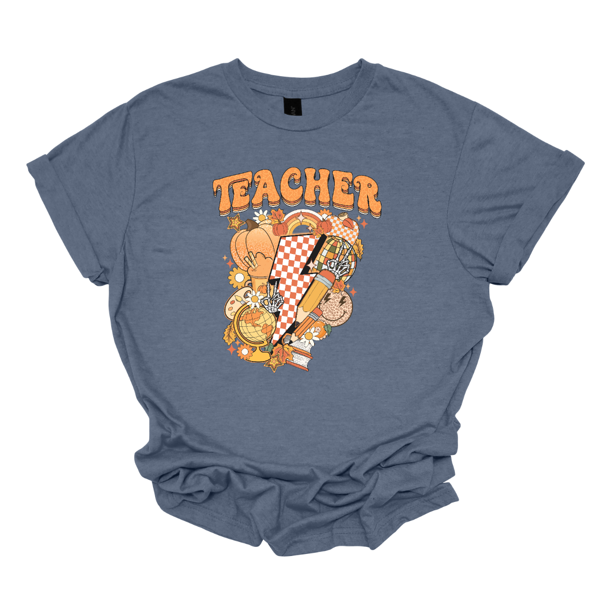 The t-shirt features a vibrant and engaging design centered around the word "Teacher." The word "Teacher" is prominently displayed in a retro-inspired font that’s bold and orange, evoking a nostalgic and energetic feel.

Beneath the word "Teacher," there’s a striking graphic of a large orange and white checkerboard lightning bolt. The lightning bolt adds a dynamic and eye-catching element to the design, with its bold checkerboard pattern creating a strong visual impact. Shop Gorgeousware.com