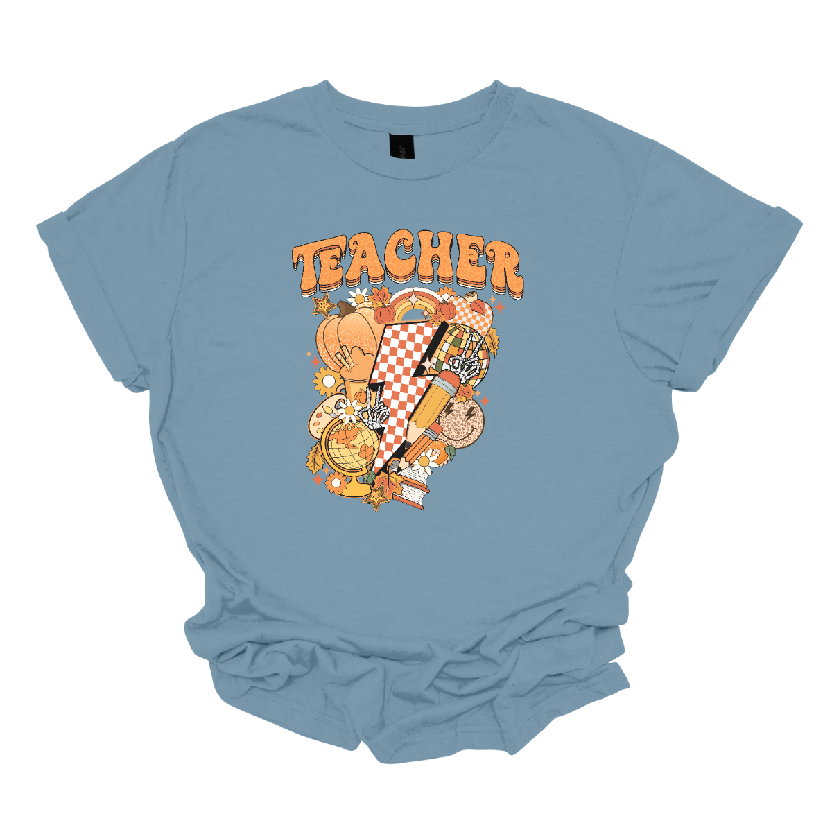 The t-shirt features a vibrant and engaging design centered around the word "Teacher." The word "Teacher" is prominently displayed in a retro-inspired font that’s bold and orange, evoking a nostalgic and energetic feel.

Beneath the word "Teacher," there’s a striking graphic of a large orange and white checkerboard lightning bolt. The lightning bolt adds a dynamic and eye-catching element to the design, with its bold checkerboard pattern creating a strong visual impact. Shop Gorgeousware.com