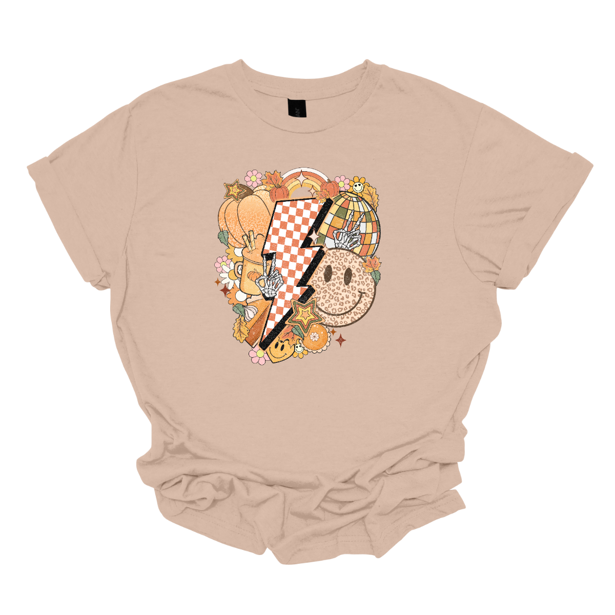 This t-shirt is a vibrant, retro-inspired celebration of eclectic autumn vibes. At its center is a bold, large lightning bolt styled in a striking pink and white checkerboard pattern, immediately capturing attention with its energetic and nostalgic flair.  Shop Gorgeousware.com