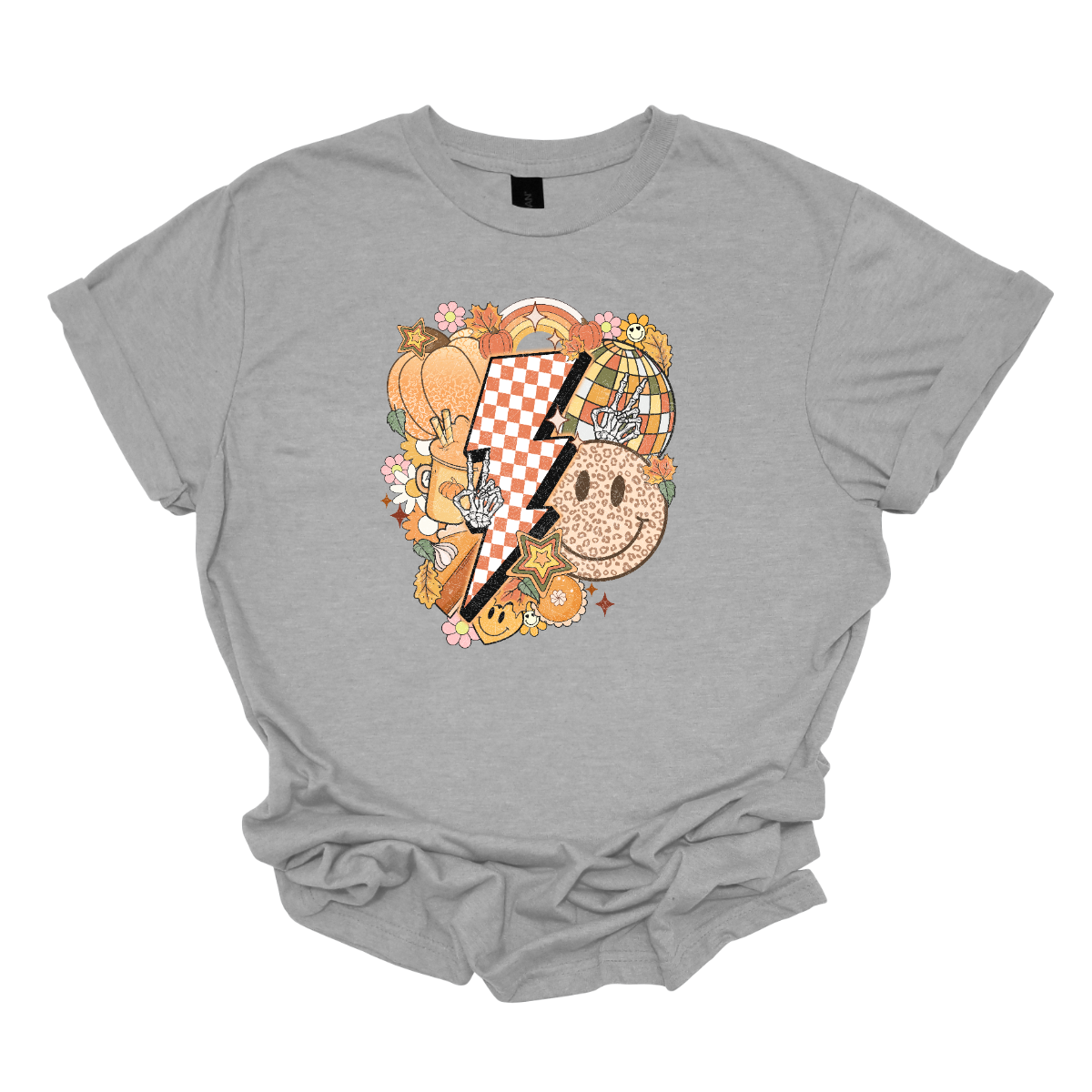 This t-shirt is a vibrant, retro-inspired celebration of eclectic autumn vibes. At its center is a bold, large lightning bolt styled in a striking pink and white checkerboard pattern, immediately capturing attention with its energetic and nostalgic flair.  Shop Gorgeousware.com