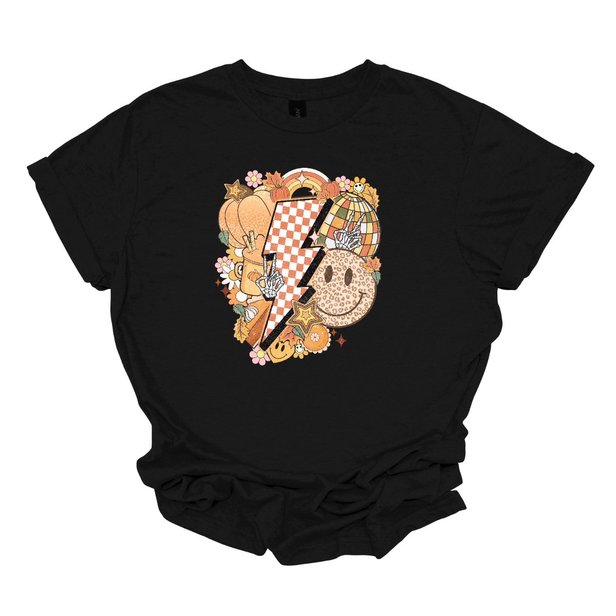 This t-shirt is a vibrant, retro-inspired celebration of eclectic autumn vibes. At its center is a bold, large lightning bolt styled in a striking pink and white checkerboard pattern, immediately capturing attention with its energetic and nostalgic flair.  Shop Gorgeousware.com