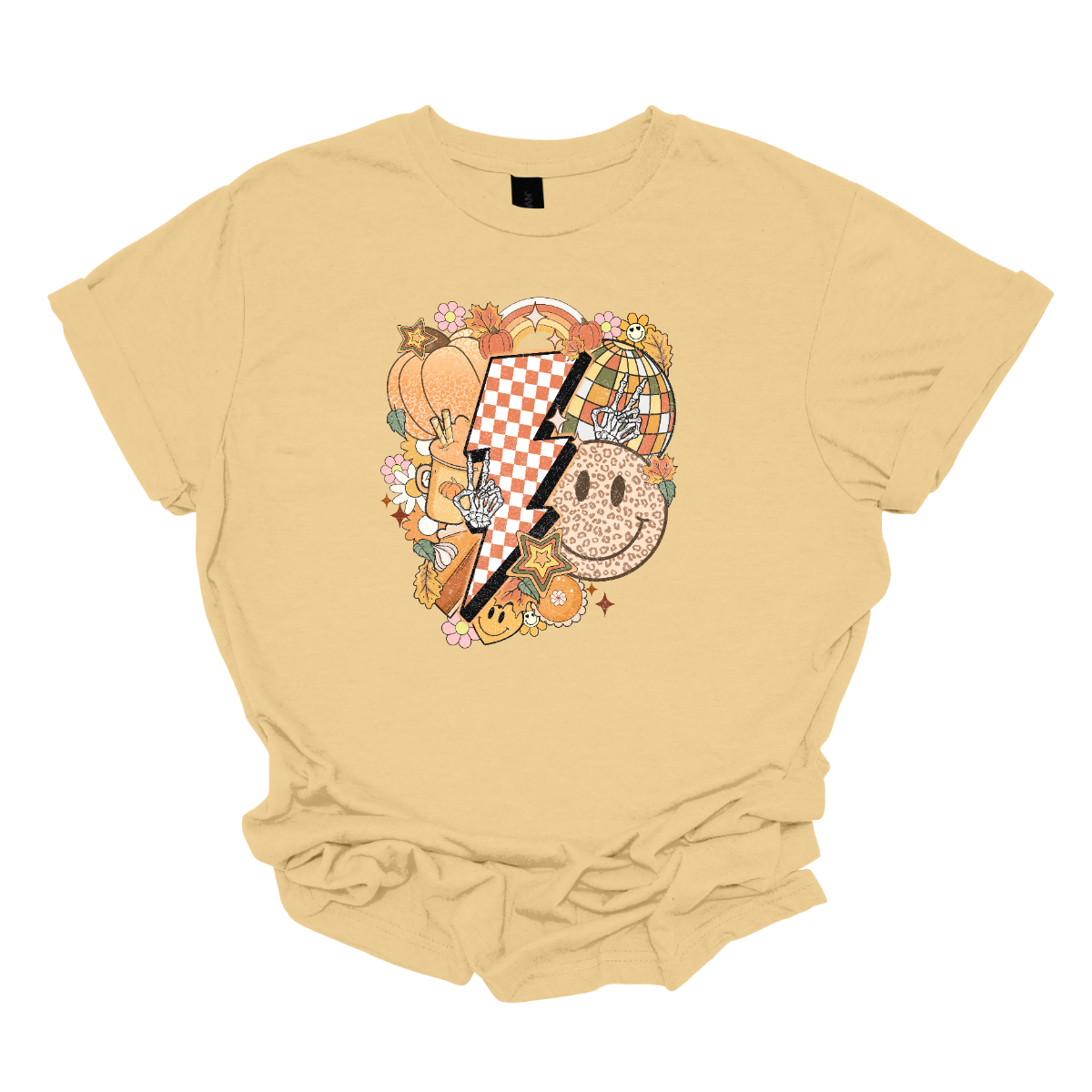 This t-shirt is a vibrant, retro-inspired celebration of eclectic autumn vibes. At its center is a bold, large lightning bolt styled in a striking pink and white checkerboard pattern, immediately capturing attention with its energetic and nostalgic flair.  Shop Gorgeousware.com