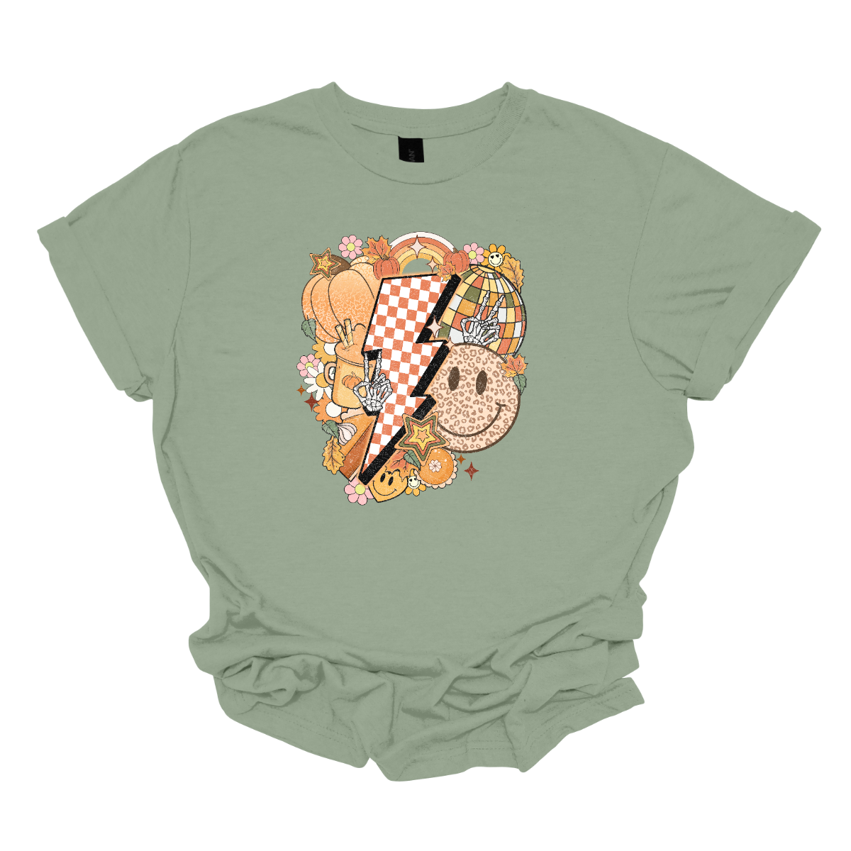 This t-shirt is a vibrant, retro-inspired celebration of eclectic autumn vibes. At its center is a bold, large lightning bolt styled in a striking pink and white checkerboard pattern, immediately capturing attention with its energetic and nostalgic flair.  Shop Gorgeousware.com