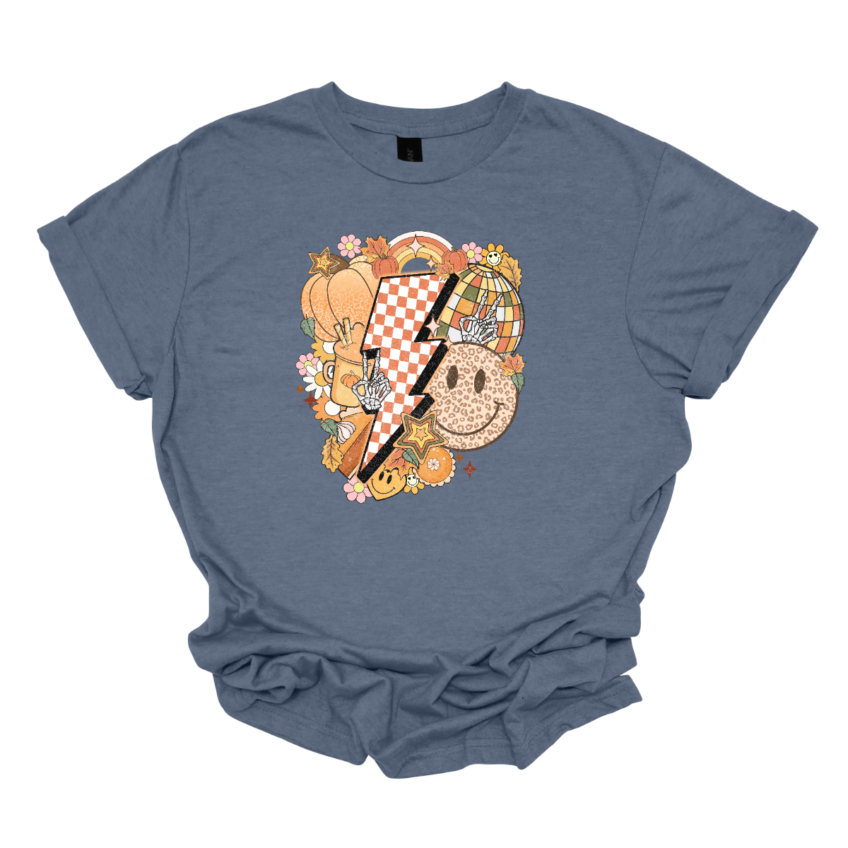 This t-shirt is a vibrant, retro-inspired celebration of eclectic autumn vibes. At its center is a bold, large lightning bolt styled in a striking pink and white checkerboard pattern, immediately capturing attention with its energetic and nostalgic flair.  Shop Gorgeousware.com