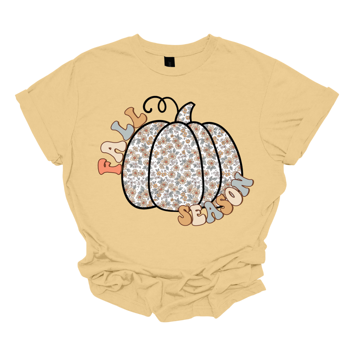 Celebrate the beauty of autumn with our "Fall Season" t-shirt! This enchanting design features the words "Fall Season" in a stylish, easy-to-read font, perfectly complemented by a unique pumpkin illustration. The pumpkin is adorned with a soft floral pattern, blending seasonal charm with a touch of whimsical elegance.  Shop at Gorgeousware.com