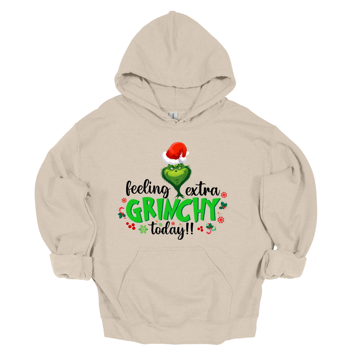 This T-shirt design exudes festive cheer and playful humor with its vibrant and eye-catching elements. The front of the shirt features the phrase, "Feeling extra grinchy today!!" prominently displayed in a fun and engaging. Shop Gorgeousware.com