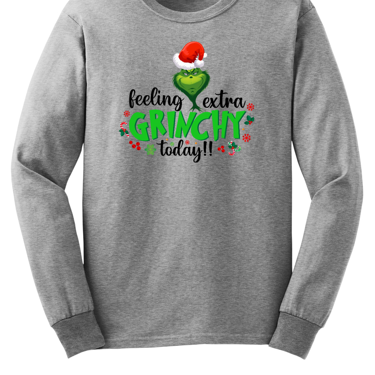 This T-shirt design exudes festive cheer and playful humor with its vibrant and eye-catching elements. The front of the shirt features the phrase, "Feeling extra grinchy today!!" prominently displayed in a fun and engaging. Shop Gorgeousware.com