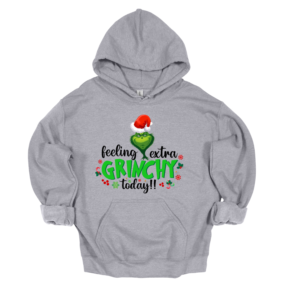 This T-shirt design exudes festive cheer and playful humor with its vibrant and eye-catching elements. The front of the shirt features the phrase, "Feeling extra grinchy today!!" prominently displayed in a fun and engaging. Shop Gorgeousware.com