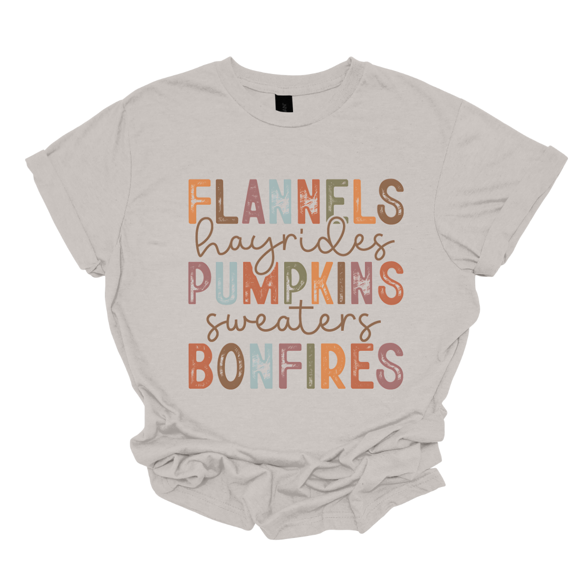 Get into the autumn spirit with our 'Fall Favorites' tee, featuring a dynamic design that celebrates all things cozy and festive! The shirt showcases the words 'Flannels,' 'Hayrides,' 'Pumpkins,' 'Sweaters,' and 'Bonfires,' each in a unique font style—from grunge print to elegant cursive. The vibrant, alternating colors add a playful touch to the design, capturing the essence of fall’s rich palette. Shop at Gorgeousware.com