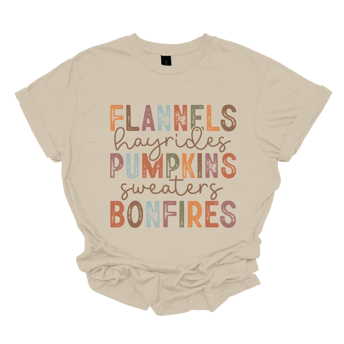 Get into the autumn spirit with our 'Fall Favorites' tee, featuring a dynamic design that celebrates all things cozy and festive! The shirt showcases the words 'Flannels,' 'Hayrides,' 'Pumpkins,' 'Sweaters,' and 'Bonfires,' each in a unique font style—from grunge print to elegant cursive. The vibrant, alternating colors add a playful touch to the design, capturing the essence of fall’s rich palette. Shop at Gorgeousware.com