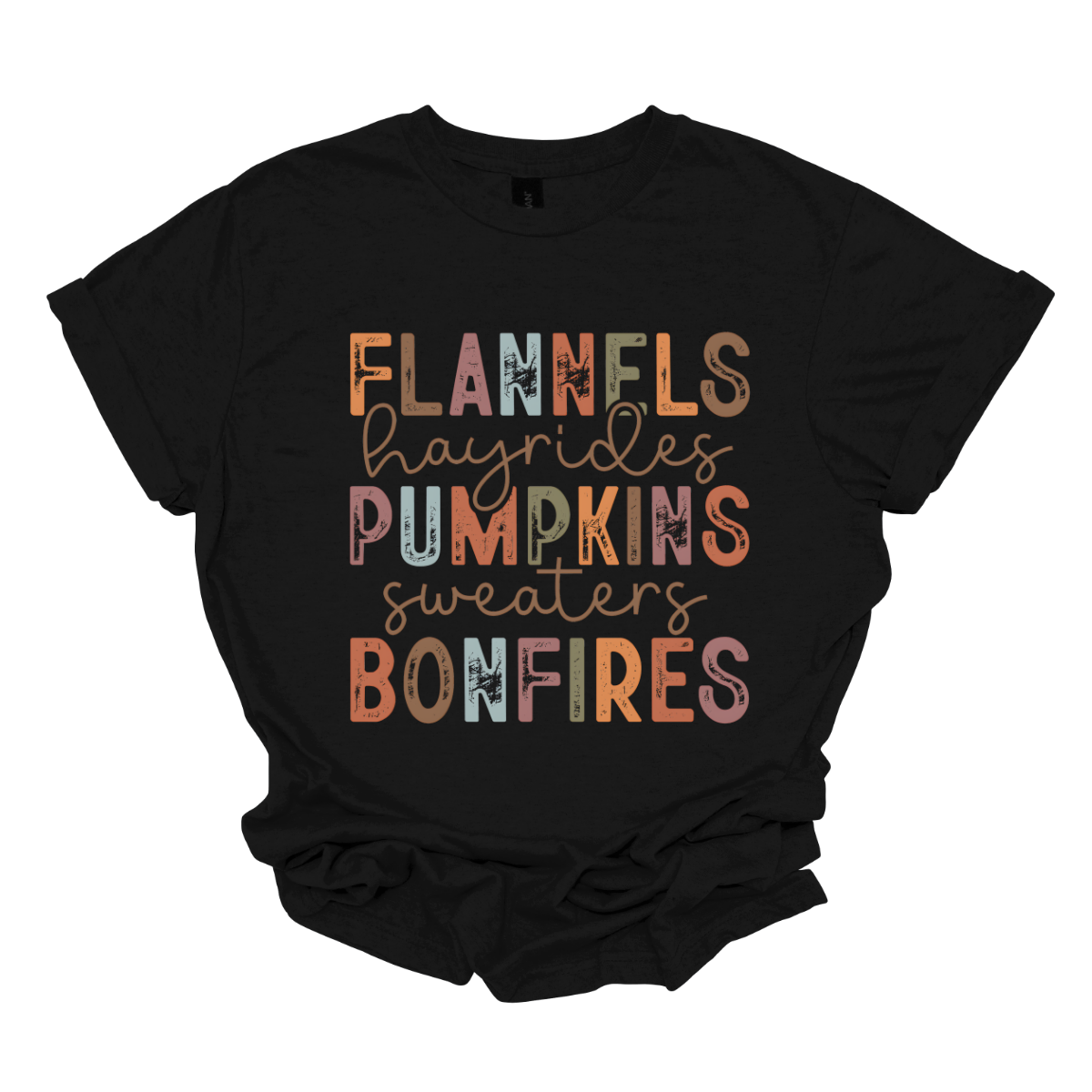 Get into the autumn spirit with our 'Fall Favorites' tee, featuring a dynamic design that celebrates all things cozy and festive! The shirt showcases the words 'Flannels,' 'Hayrides,' 'Pumpkins,' 'Sweaters,' and 'Bonfires,' each in a unique font style—from grunge print to elegant cursive. The vibrant, alternating colors add a playful touch to the design, capturing the essence of fall’s rich palette. Shop at Gorgeousware.com