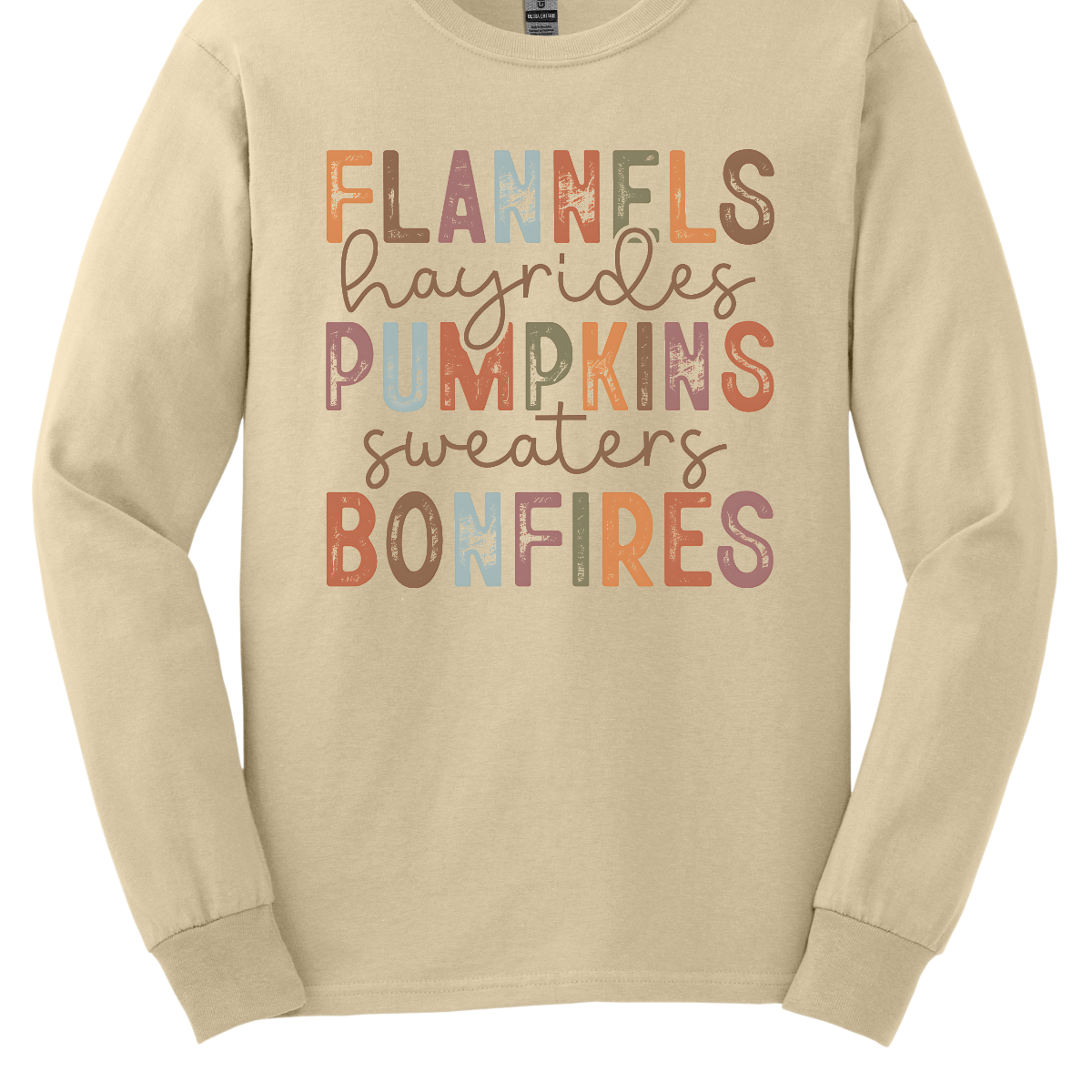 Get into the autumn spirit with our 'Fall Favorites' tee, featuring a dynamic design that celebrates all things cozy and festive! The shirt showcases the words 'Flannels,' 'Hayrides,' 'Pumpkins,' 'Sweaters,' and 'Bonfires,' each in a unique font style—from grunge print to elegant cursive. The vibrant, alternating colors add a playful touch to the design, capturing the essence of fall’s rich palette. Shop at Gorgeousware.com