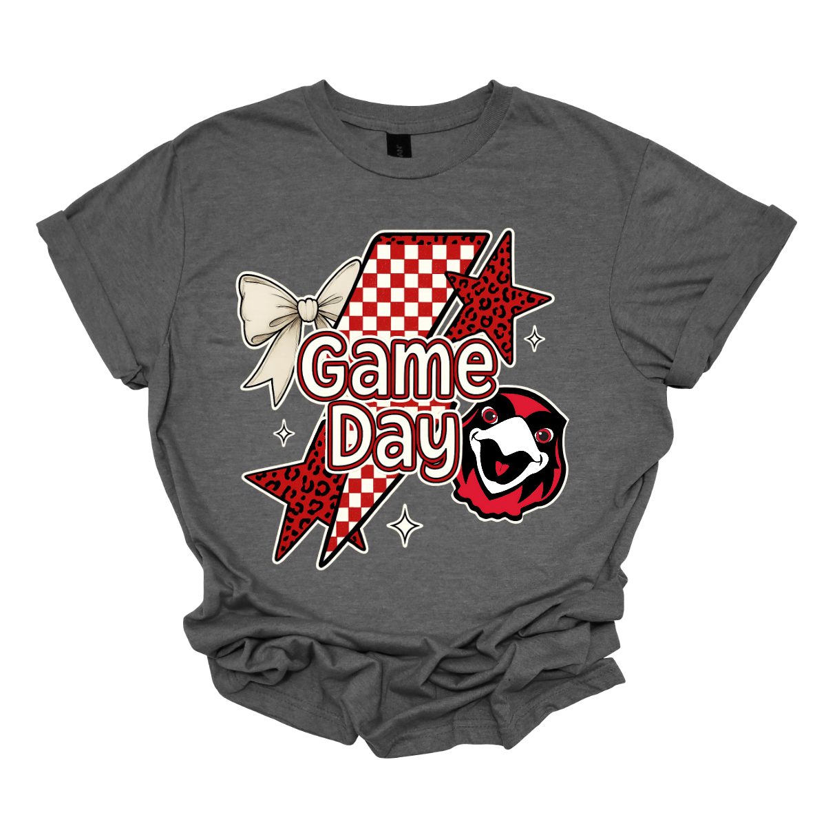 Bring energy to every game with the Game Day Rowdy youth collection! Available in short/ long sleeve, cozy crewneck, and warm hoodie styles. The bold design features a dynamic checkerboard and animal print shooting star, symbolizing the unstoppable energy of the Redhawks. A playful croquette bow adds a fun twist, while the fearless Redhawk takes stage, embodying team strength and spirit. The look is completed with powerful “Game Day” lettering in crisp white. 
Shop at Gorgeousware.com today!
