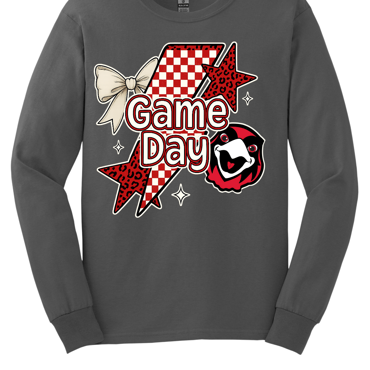 Bring energy to every game with the Game Day Rowdy youth collection! Available in short/ long sleeve, cozy crewneck, and warm hoodie styles. The bold design features a dynamic checkerboard and animal print shooting star, symbolizing the unstoppable energy of the Redhawks. A playful croquette bow adds a fun twist, while the fearless Redhawk takes stage, embodying team strength and spirit. The look is completed with powerful “Game Day” lettering in crisp white. 
Shop at Gorgeousware.com today!
