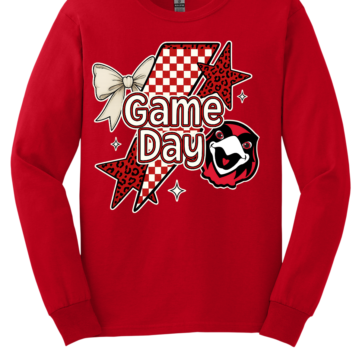 Bring energy to every game with the Game Day Rowdy youth collection! Available in short/ long sleeve, cozy crewneck, and warm hoodie styles. The bold design features a dynamic checkerboard and animal print shooting star, symbolizing the unstoppable energy of the Redhawks. A playful croquette bow adds a fun twist, while the fearless Redhawk takes stage, embodying team strength and spirit. The look is completed with powerful “Game Day” lettering in crisp white. 
Shop at Gorgeousware.com today!
