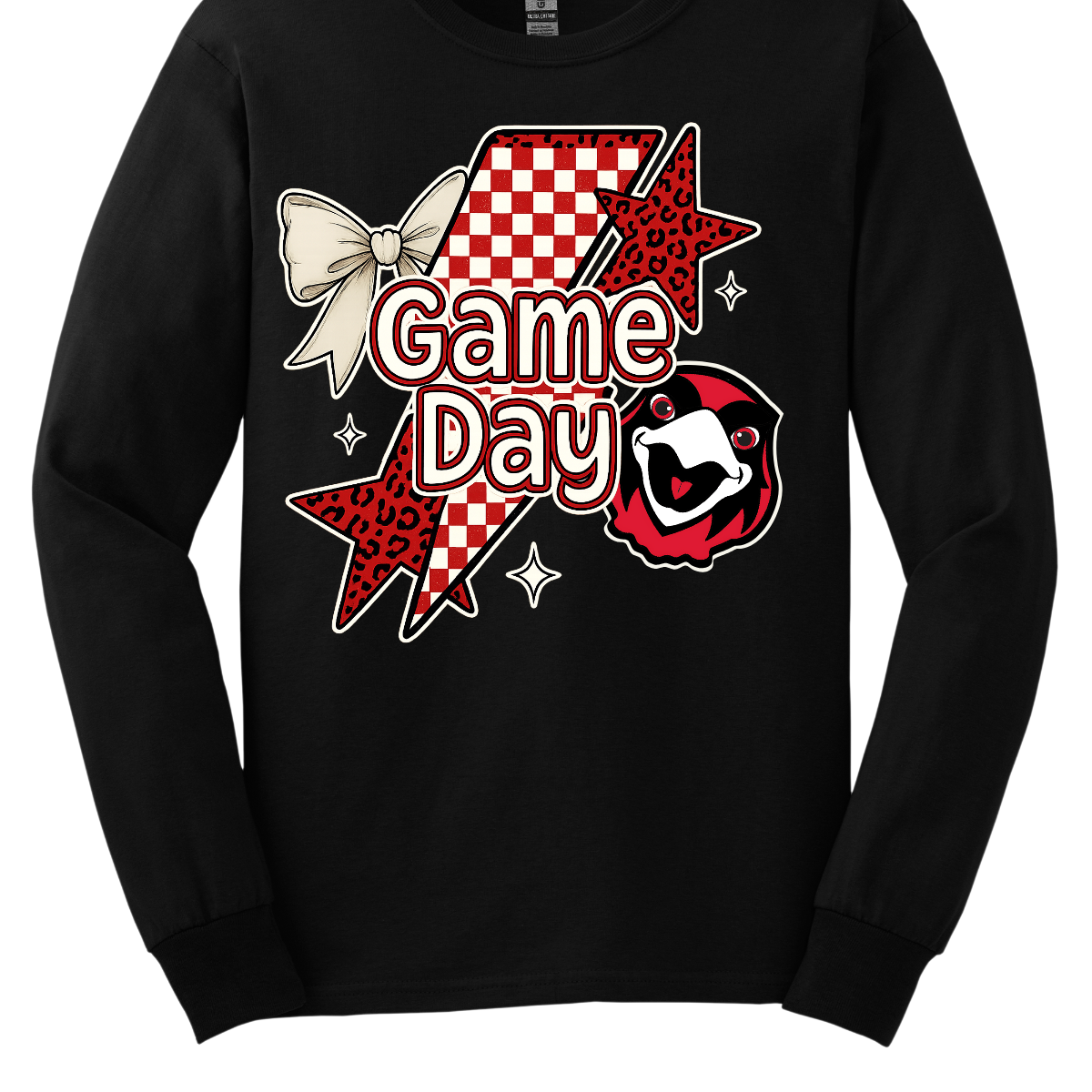 Bring energy to every game with the Game Day Rowdy youth collection! Available in short/ long sleeve, cozy crewneck, and warm hoodie styles. The bold design features a dynamic checkerboard and animal print shooting star, symbolizing the unstoppable energy of the Redhawks. A playful croquette bow adds a fun twist, while the fearless Redhawk takes stage, embodying team strength and spirit. The look is completed with powerful “Game Day” lettering in crisp white. 
Shop at Gorgeousware.com today!
