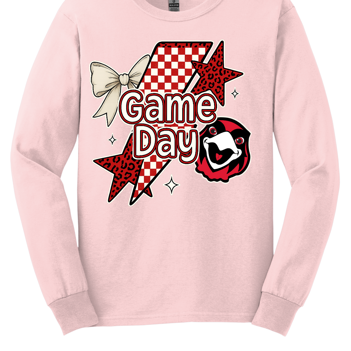 Bring energy to every game with the Game Day Rowdy youth collection! Available in short/ long sleeve, cozy crewneck, and warm hoodie styles. The bold design features a dynamic checkerboard and animal print shooting star, symbolizing the unstoppable energy of the Redhawks. A playful croquette bow adds a fun twist, while the fearless Redhawk takes stage, embodying team strength and spirit. The look is completed with powerful “Game Day” lettering in crisp white. 
Shop at Gorgeousware.com today!
